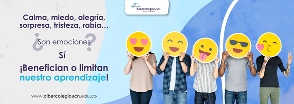 Calma, miedo, alegría, tristeza, rabia… ¿son emociones? Sí. ¡Benefician o limitan nuestro aprendizaje! Además, en la imagen se observan varias personas con un emoji en el rostro que representan las emociones.