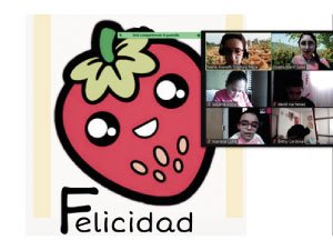 Imagen símbolo de felicidad (fresa) y estudiantes interactuando