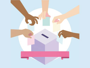 Imagen de varias manos con tarjetones para ponerlos en una urna