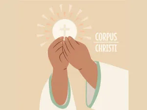Imagen de unas manos y el Corpus Christi