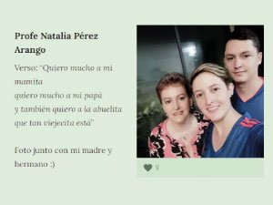 Imagen de la profesora Natalia con su mamá y su hermano, y en la parte superior un poema para su familia.