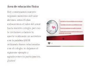 imagen de un texto dado por el área de educación física sobre el valor del mes-amor
