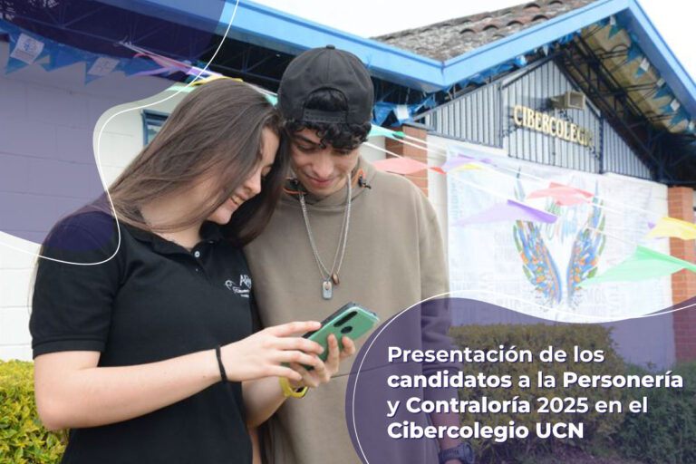 Dos jovenes sonriendo en el celular, con la frase "Presentación de los candidatos a la Personería y contraloría 2025 en el Cibercolegio UCN"
