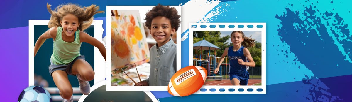 Pieza gráfica acompañada de varios niños deportistas y artistas, y la frase 