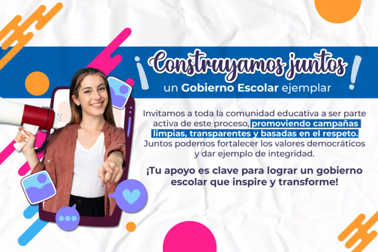 Pieza gráfica con joven señalando a la pantalla y con la frase "Construyamos juntos un gobierno escolar ejemplar"