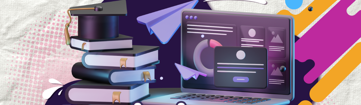 Pieza gráfica acompñada de un computador y libros con la frase 