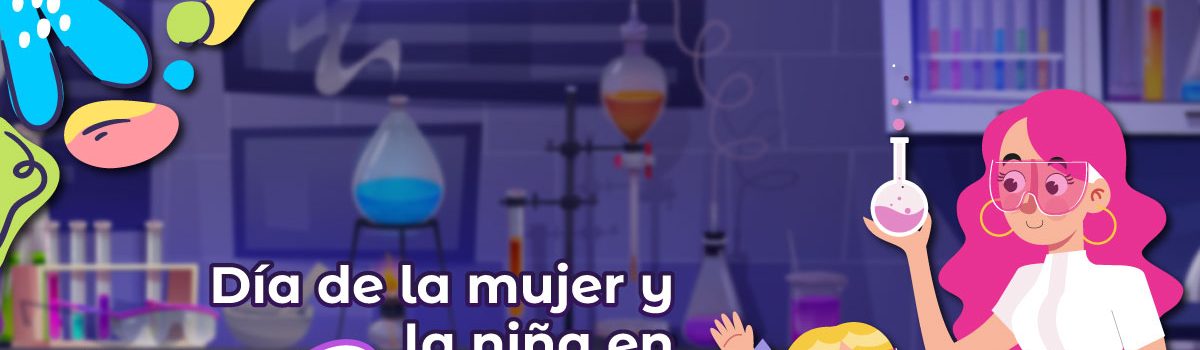 Pieza gráfica, acompañado de una ilustración de una niña y una mujer cientifica, tonos morados. Texto 