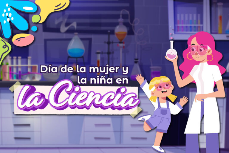 Pieza gráfica, acompañado de una ilustración de una niña y una mujer cientifica, tonos morados. Texto "Día de la mujer y la niña en la ciencia"