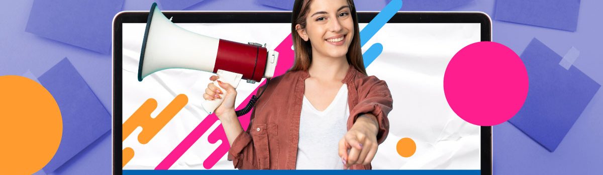 Pieza gráfica de un computador donde sale un una mujer con vocina y acompañado de la frase 