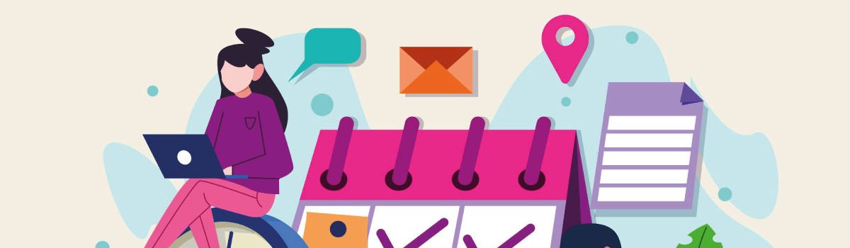 Imagen ilustrada de dos niños junto a una agenda.