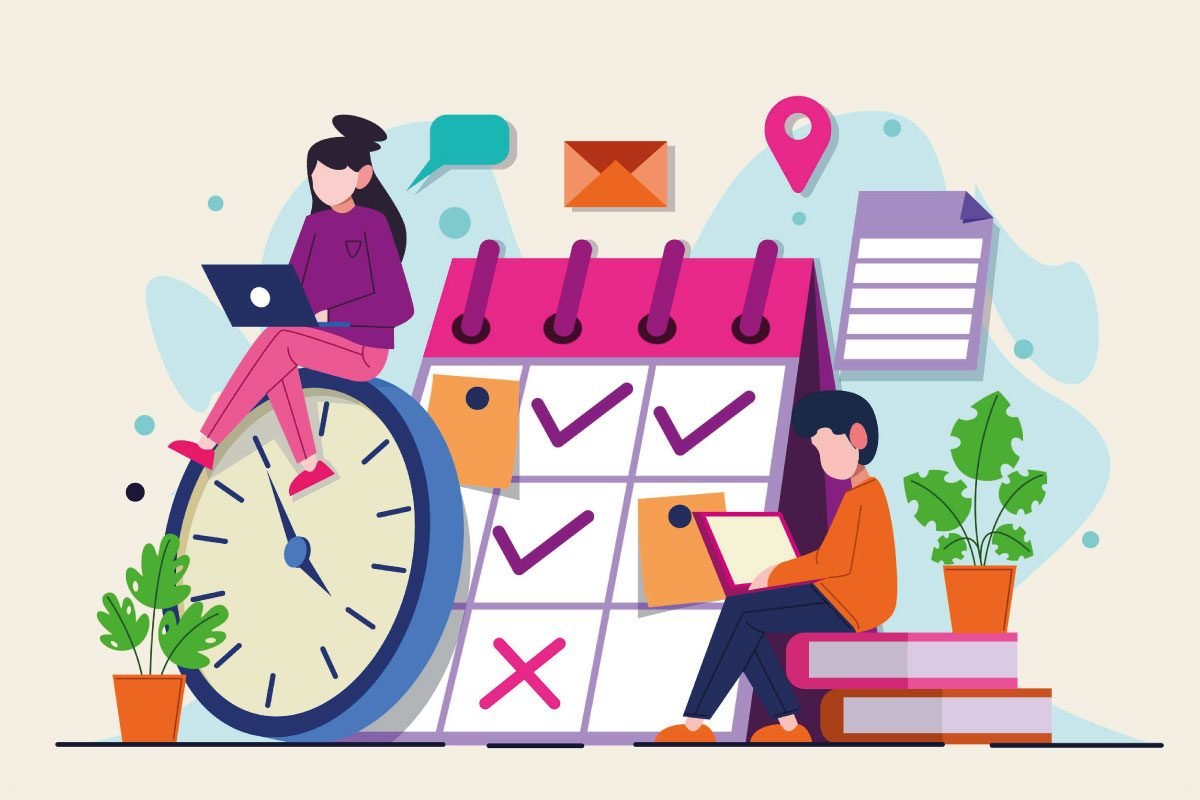 Imagen ilustrada de dos niños junto a una agenda.