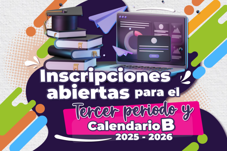 Pieza gráfica de libros y computador, acompañada del siguiente texto "Inscripciones abiertas para el tercer periodo y calendario B"