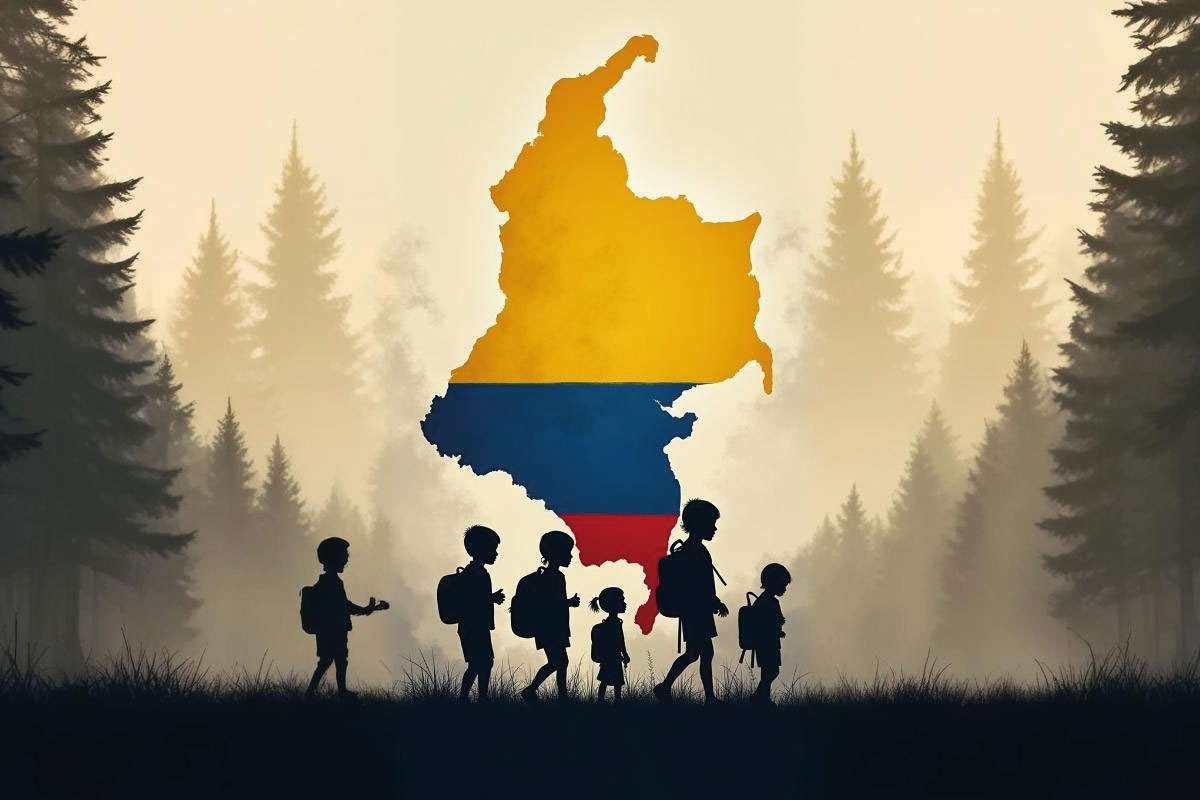 Imagen de la bandera o el croquis de Colombia y siluetas de niños