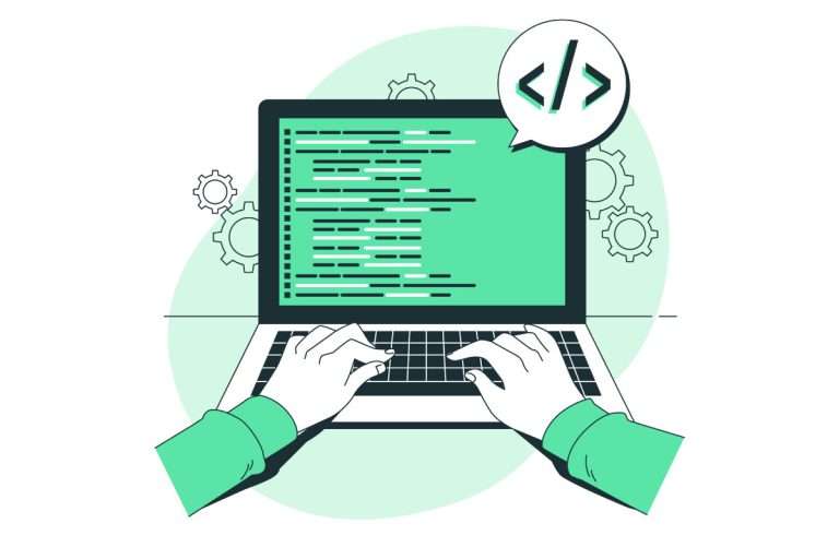 Ilustración de computador y manos