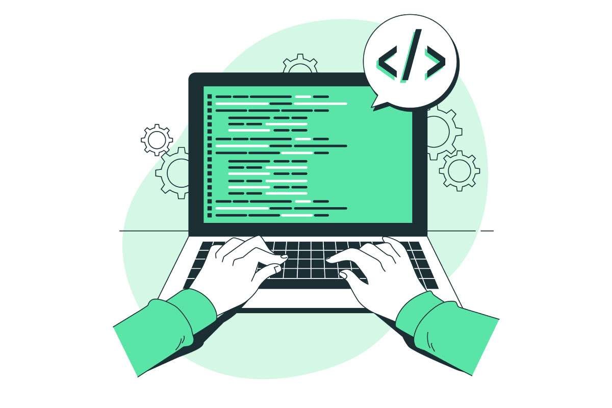 Ilustración de computador y manos