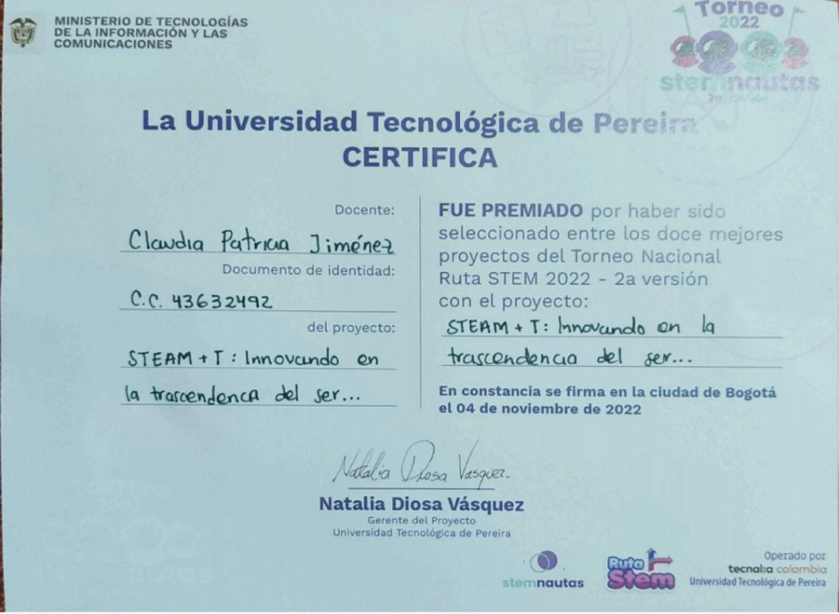 Reconocimiento que la Universidad Tecnológica de Pereira hizo al Cibercolegio en el año 2022.