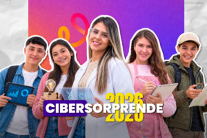Banner de Cibersorprende 2026 con cinco estudiantes representando diferentes áreas del conocimiento, la investigación, la creatividad, la tecnología, la ciencia y la exploración. En la parte inferior aparece el texto "Cibersorprende 2026" sobre un fondo de colores vibrantes.