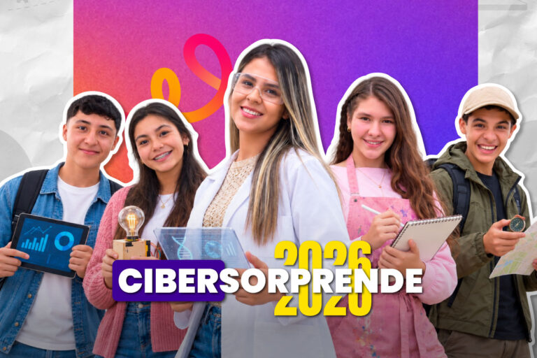 Banner de Cibersorprende 2026 con cinco estudiantes representando diferentes áreas del conocimiento, la investigación, la creatividad, la tecnología, la ciencia y la exploración. En la parte inferior aparece el texto "Cibersorprende 2026" sobre un fondo de colores vibrantes.