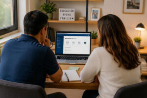 Dos personas adultas observan una plataforma educativa virtual en un computador portátil desde un espacio de estudio en el hogar, durante una actividad relacionada con formación para familias y acompañamiento al proceso educativo.