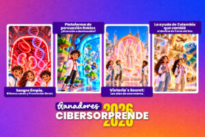 Collage de los proyectos ganadores de Cibersorprende 2026. La composición reúne cuatro afiches ilustrados de los proyectos destacados del encuentro virtual de investigación del Cibercolegio UCN: Guardianes de la sangre: Sangre limpia, riñones sanos y prevención renal, Plataforma de persuasión Roblox: ¿Diversión o destrucción?, Victoria's Secret: Las alas de una marca y La ayuda de Colombia que cambió el destino de Corea del Sur. En la parte superior aparece el título destacado “Ganadores Cibersorprende 2026”.